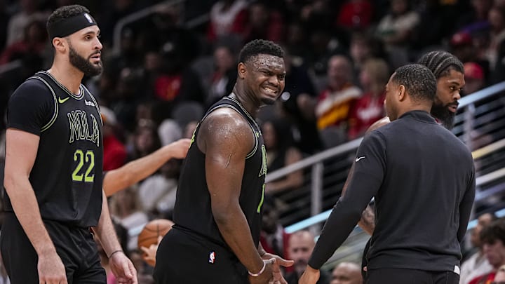 Mar 10, 2024; Atlanta, Georgia, USA; New Orleans Pelicans forward Zion Williamson (1) reacts after