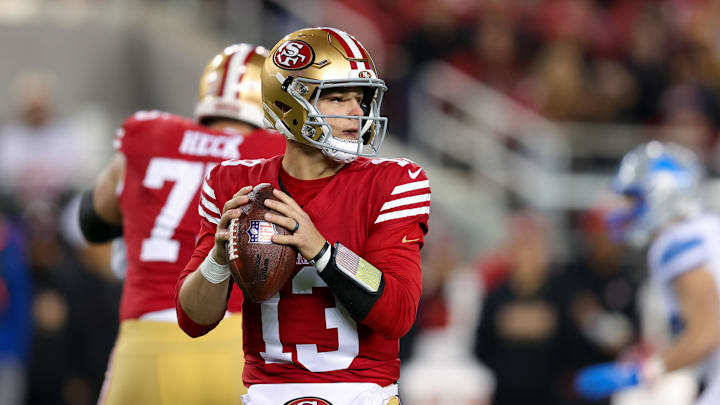 Dec 30, 2024; Santa Clara, California, USA; San Francisco 49ers quarterback Brock Purdy (13) during the game against the Detroit Lions at Levi's Stadium. Mandatory Credit: Sergio Estrada-Imagn Images