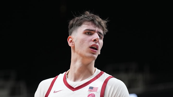 Dec 21, 2024; San Jose, California, USA; Stanford Cardinal forward Maxime Raynaud (42) during the second half against the Oregon Ducks at SAP Center at San Jose. Mandatory Credit: Darren Yamashita-Imagn Images Dec 21, 2024; San Jose, California, USA; Stanford Cardinal forward Maxime Raynaud (42) during the second half against the Oregon Ducks at SAP Center at San Jose. Mandatory Credit: Darren Yamashita-Imagn Images