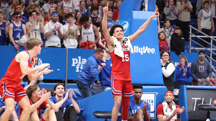 Kansas graduate senior guard Kevin McCullar Jr. (15) is acknowledge following the Sunflower Showdown game inside Allen Fieldhouse Tuesday, March 5, 2024.