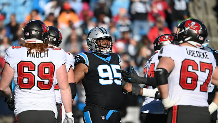 Jan 7, 2024; Charlotte, North Carolina, USA;  Carolina Panthers defensive tackle Derrick Brown (95) reacts in the third quarter at Bank of America Stadium. Mandatory Credit: Bob Donnan-Imagn Images