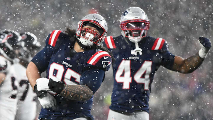 Jan 18, 2026; Foxborough, MA, USA; New England Patriots defensive lineman Khyiris Tonga (95) celebrates a sack in the fourth quarter against the New England Patriots in an AFC Divisional Round game at Gillette Stadium. Mandatory Credit: Brian Fluharty-Imagn Images