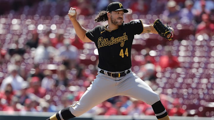 Sep 27, 2021; Cincinnati, Ohio, USA; Pittsburgh Pirates starting pitcher Cody Ponce (44) throws a pitch against the Cincinnati Reds during the second inning at Great American Ball Park. Mandatory Credit: David Kohl-Imagn Images