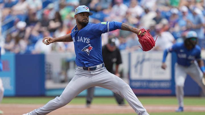 Mar 15, 2026; Port St. Lucie, Florida, USA;  Toronto Blue Jays pitcher Angel Bastardo (99) pitches in the third inning against the New York Mets at Clover Park. Mandatory Credit: Jim Rassol-Imagn Images