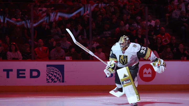 Mar 28, 2025; Chicago, Illinois, USA; Vegas Golden Knights goaltender Adin Hill (33) takes the ice for the first period against the Chicago Blackhawks at United Center. Mandatory Credit: Talia Sprague-Imagn Images