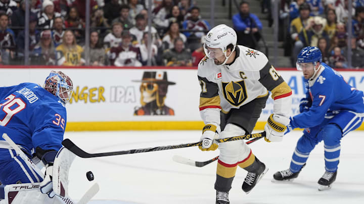 Apr 11, 2026; Denver, Colorado, USA; Vegas Golden Knights right wing Mark Stone (61) shoots and scores a power play goal on Colorado Avalanche goaltender MacKenzie Blackwood (39) in the first period at Ball Arena. Mandatory Credit: Ron Chenoy-Imagn Images Apr 11, 2026; Denver, Colorado, USA; Vegas Golden Knights right wing Mark Stone (61) shoots and scores a power play goal on Colorado Avalanche goaltender MacKenzie Blackwood (39) in the first period at Ball Arena. Mandatory Credit: Ron Chenoy-Imagn Images