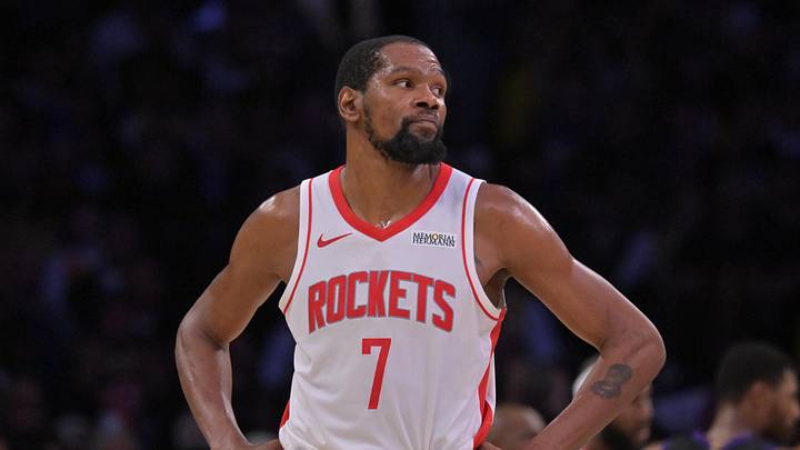 Houston Rockets forward Kevin Durant (7) looks on from the court during the final minutes of game two of the first round of the 2026 NBA Playoffs at against the Los Angeles Lakers at Crypto.com Arena.