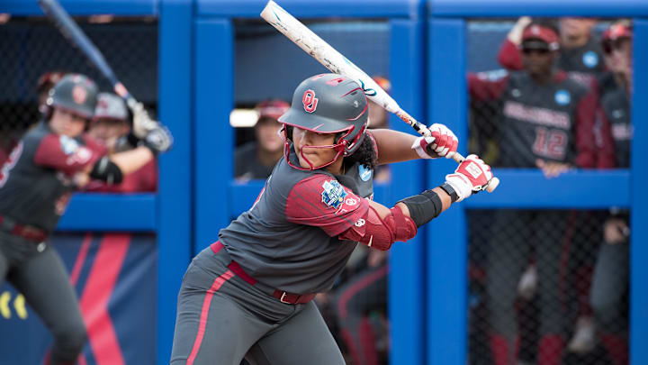 Oklahoma first baseman Ella Parker hit the team's 100th home run on Sunday. Oklahoma first baseman Ella Parker hit the team's 100th home run on Sunday.