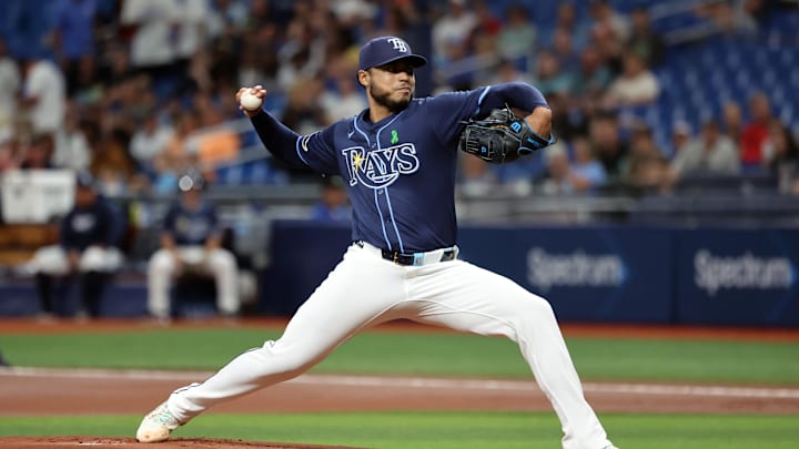 May 20, 2024; St. Petersburg, Florida, USA; Tampa Bay Rays pitcher Taj Bradley (45) throws a pitch.