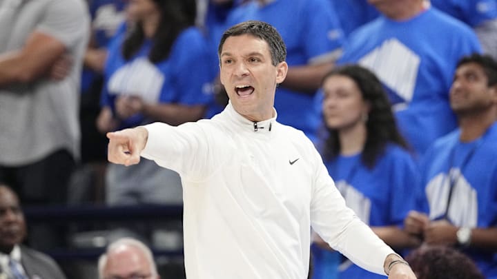 Jun 22, 2025; Oklahoma City, Oklahoma, USA; Oklahoma City Thunder head coach Mark Daigneault directs players against the Indiana Pacers during the second half of game seven of the 2025 NBA Finals at Paycom Center. Mandatory Credit: Kyle Terada-Imagn Images