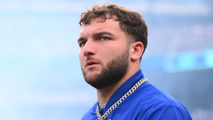 New York Giants running back Cam Skattebo (44) walks on the field prior to a game against the New York Jets at MetLife Stadium.