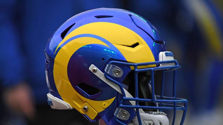 Jan 19, 2025; Philadelphia, Pennsylvania, USA; Los Angeles Rams helmet on the sidelines against the Philadelphia Eagles in a 2025 NFC divisional round game at Lincoln Financial Field. 