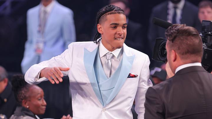 Jun 23, 2026; New York, NY, USA; The sixth pick in the 2026 NBA draft, Louisville guard Mikel Brown Jr. reacts after he was selected by the Brooklyn Nets at Barclays Center. Mandatory Credit: Brad Penner-Imagn Images