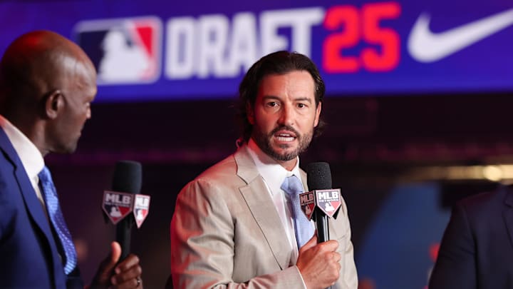 Jul 13, 2025; Atlanta, GA, USA; Tennessee Volunteers head coach Tony Vitello speaks with MLB Network during the MLB Draft at The Coca-Cola Roxy. Mandatory Credit: Brett Davis-Imagn Images