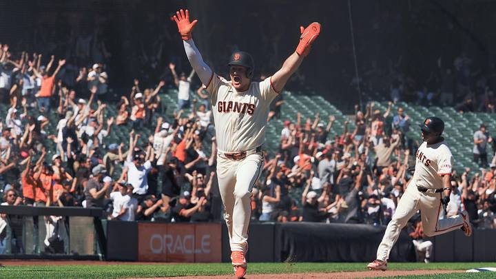 Jun 10, 2026; San Francisco, California, USA; San Francisco Giants third baseman Matt Chapman (26) celebrates as he is batted in on a walk-off grand slam against the Washington Nationals during the ninth inning at Oracle Park. Mandatory Credit: Kelley L Cox-Imagn Images Jun 10, 2026; San Francisco, California, USA; San Francisco Giants third baseman Matt Chapman (26) celebrates as he is batted in on a walk-off grand slam against the Washington Nationals during the ninth inning at Oracle Park. Mandatory Credit: Kelley L Cox-Imagn Images