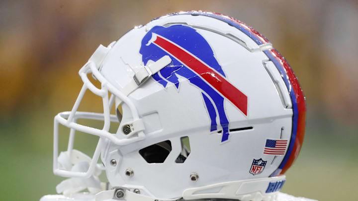  A Buffalo Bills helmet on the sidelines against the Pittsburgh Steelers during the second quarter at Acrisure Stadium.