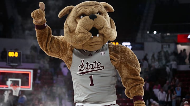 Mississippi State Bulldogs mascot Bully dances on the court after defeating the Georgia Bulldogs at Humphrey Coliseum.