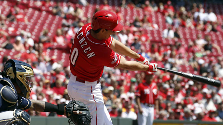Apr 29, 2015; Cincinnati, OH, USA; Cincinnati Reds starting pitcher Michael Lorenzen singles in his first major league at-bat in the second inning against the Milwaukee Brewers at Great American Ball Park. Apr 29, 2015; Cincinnati, OH, USA; Cincinnati Reds starting pitcher Michael Lorenzen singles in his first major league at-bat in the second inning against the Milwaukee Brewers at Great American Ball Park.