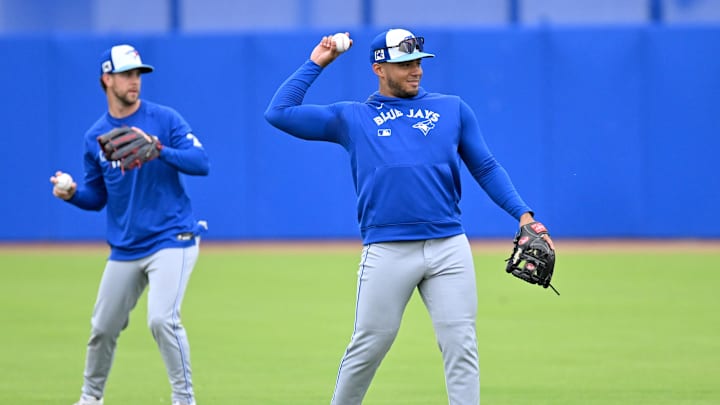 Dunedin, FL, USA; Toronto Blue Jays outfielder Anthony Santander (25) warms up during spring training at Cecil B. Englebert Complex.