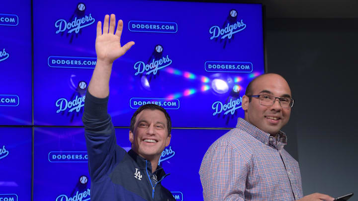 Nov 7, 2017; Los Angeles, CA, USA; Los Angeles Dodger president of baseball operations Andrew Friedman (left) and general manager Farhan Zaidi address the media at a press conference at Dodger Stadium. Mandatory Credit: Kirby Lee-Imagn Images