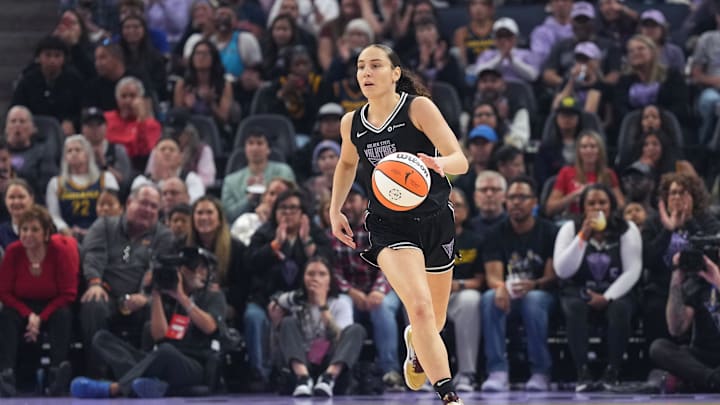 Jun 19, 2025; San Francisco, California, USA; Golden State Valkyries guard Carla Leite (0) dribbles against the Indiana Fever during the first quarter at Chase Center. Mandatory Credit: Darren Yamashita-Imagn Images