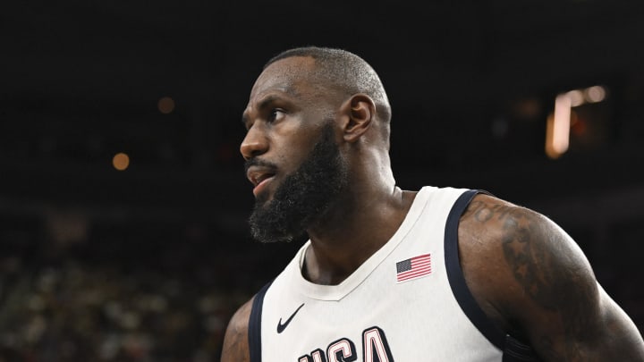 Jul 10, 2024; Las Vegas, Nevada, USA; USA forward Lebron James (6) looks on during the third quarter against Canada in the USA Basketball Showcase at T-Mobile Arena. Mandatory Credit: Candice Ward-USA TODAY Sports Jul 10, 2024; Las Vegas, Nevada, USA; USA forward Lebron James (6) looks on during the third quarter against Canada in the USA Basketball Showcase at T-Mobile Arena. Mandatory Credit: Candice Ward-USA TODAY Sports