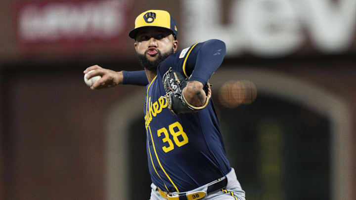 Milwaukee Brewers pitcher Devin Williams (38) pitches during the ninth inning against the San Francisco Giants at Oracle Park on Sept 10.