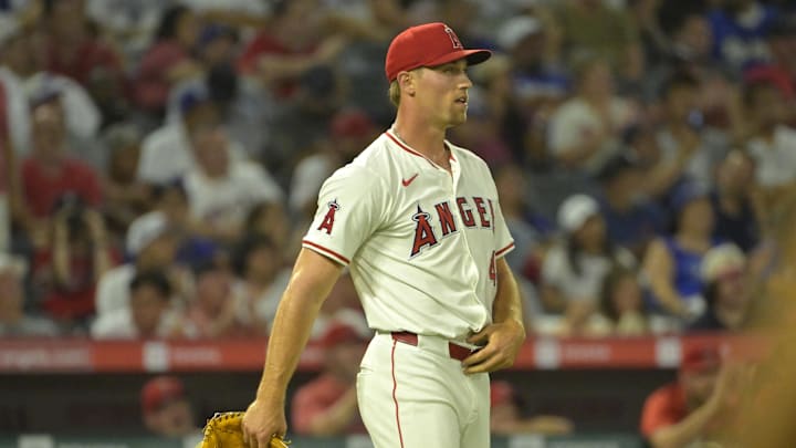Sep 3, 2024; Anaheim, California, USA; Los Angeles Angels relief pitcher Ben Joyce (44) turns to take a look at the scoreboard after striking out Los Angeles Dodgers shortstop Tommy Edman (25) on a 105.5 mph pitch in the eighth inning at Angel Stadium. Mandatory Credit: Jayne Kamin-Oncea-Imagn Images Sep 3, 2024; Anaheim, California, USA; Los Angeles Angels relief pitcher Ben Joyce (44) turns to take a look at the scoreboard after striking out Los Angeles Dodgers shortstop Tommy Edman (25) on a 105.5 mph pitch in the eighth inning at Angel Stadium. Mandatory Credit: Jayne Kamin-Oncea-Imagn Images