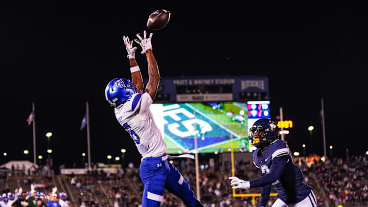 Nov 1, 2024; East Hartford, Connecticut, USA; Georgia State Panthers wide receiver Ted Hurst (16) makes a touchdown catch against the Connecticut Huskies in the second quarter at Rentschler Field at Pratt & Whitney Stadium. Mandatory Credit: David Butler II-Imagn Images Nov 1, 2024; East Hartford, Connecticut, USA; Georgia State Panthers wide receiver Ted Hurst (16) makes a touchdown catch against the Connecticut Huskies in the second quarter at Rentschler Field at Pratt & Whitney Stadium. Mandatory Credit: David Butler II-Imagn Images