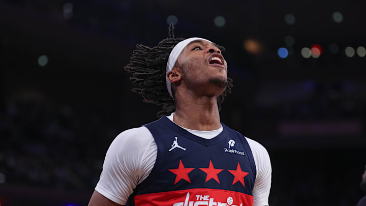 Mar 22, 2026; New York, New York, USA; Washington Wizards guard Bilal Coulibaly (0) reacts during the second half against the New York Knicks at Madison Square Garden. Mandatory Credit: Vincent Carchietta-Imagn Images