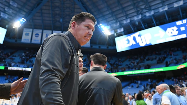 Feb 6, 2024; Chapel Hill, North Carolina, USA; Clemson Tigers head coach Brad Brownell walks off the floor after the victory at Dean E. Smith Center. Mandatory Credit: Bob Donnan-Imagn Images