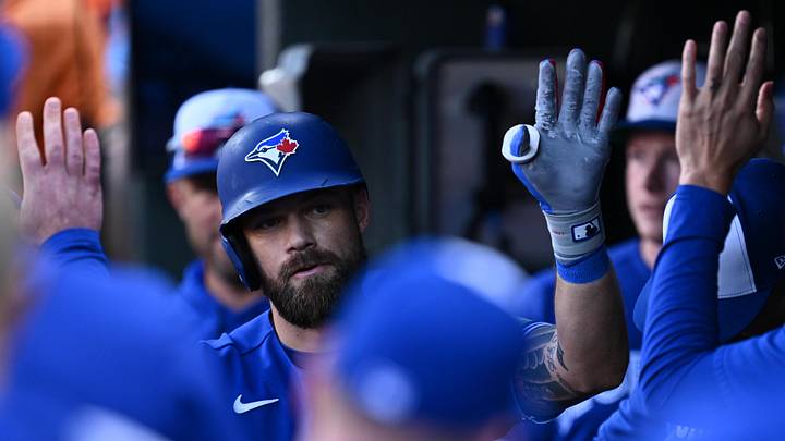 May 30, 2026; Baltimore, Maryland, USA; Toronto Blue Jays outfielder Nathan Lukes (38) celebrates in the dugout after scoring a run in the ninth inning against the Baltimore Orioles at Oriole Park at Camden Yards. Mandatory Credit: Jamie Sabau-Imagn Images May 30, 2026; Baltimore, Maryland, USA; Toronto Blue Jays outfielder Nathan Lukes (38) celebrates in the dugout after scoring a run in the ninth inning against the Baltimore Orioles at Oriole Park at Camden Yards. Mandatory Credit: Jamie Sabau-Imagn Images