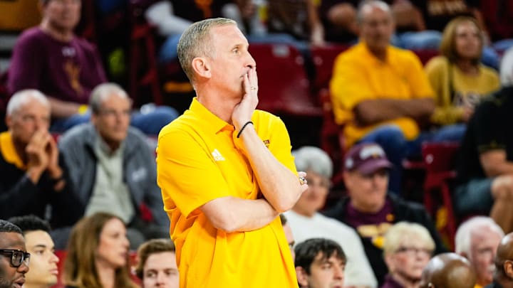 Mar 8, 2025; Tempe, Arizona, USA; Arizona State Sun Devils head coach Bobby Hurley reacts during the second half at Desert Financial Arena. Mandatory Credit: Arianna Grainey-Imagn Images Mar 8, 2025; Tempe, Arizona, USA; Arizona State Sun Devils head coach Bobby Hurley reacts during the second half at Desert Financial Arena. Mandatory Credit: Arianna Grainey-Imagn Images