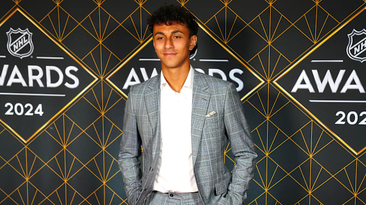 Jun 27, 2024; Las Vegas, Nevada, USA; Michael Hage appears on a red carpet before the start of the 2024 NHL Awards at Fontainebleau Las Vegas. Mandatory Credit: Stephen R. Sylvanie-Imagn Images