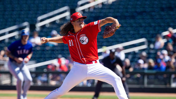 Mar 20, 2024; Goodyear, Arizona, USA; Cincinnati Reds pitcher Rhett Lowder against the Texas Rangers during a spring training baseball game at Goodyear Ballpark. Mandatory Credit: Mark J. Rebilas-USA TODAY Sports Mar 20, 2024; Goodyear, Arizona, USA; Cincinnati Reds pitcher Rhett Lowder against the Texas Rangers during a spring training baseball game at Goodyear Ballpark. Mandatory Credit: Mark J. Rebilas-USA TODAY Sports