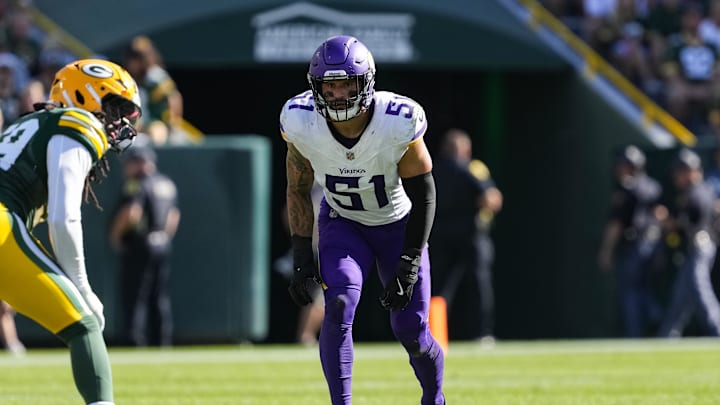 Minnesota Vikings linebacker Blake Cashman during the game against the Green Bay Packers at Lambeau Field in Green Bay, Wis., on Sept, 29, 2024. Minnesota Vikings linebacker Blake Cashman during the game against the Green Bay Packers at Lambeau Field in Green Bay, Wis., on Sept, 29, 2024.
