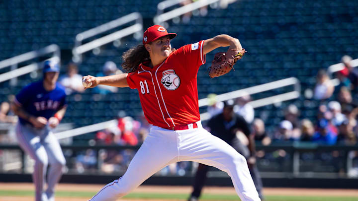 Cincinnati Reds pitcher Rhett Lowder against the Texas Rangers during a spring training baseball game at Goodyear Ballpark in 2024.