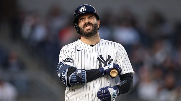 May 1, 2026; Bronx, New York, USA; New York Yankees catcher Austin Wells (28) reacts during an at bat during the second inning against the Baltimore Orioles at Yankee Stadium. Mandatory Credit: Vincent Carchietta-Imagn Images
