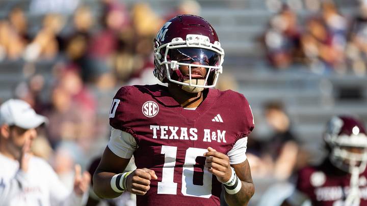Nov 22, 2025; College Station, Texas, USA; Texas A&M Aggies quarterback Marcel Reed (10) before a game against the Samford Bulldogs at Kyle Field.