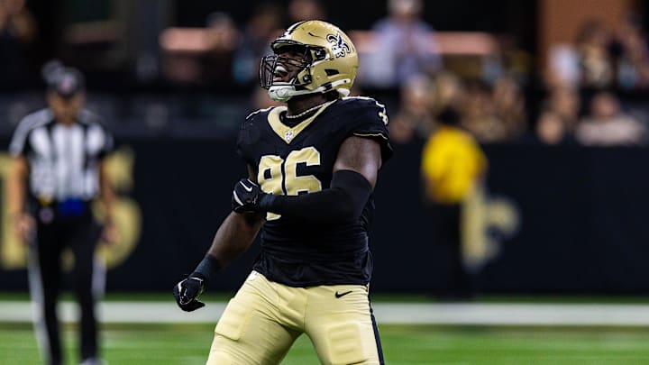 Aug 23, 2025; New Orleans, Louisiana, USA; New Orleans Saints defensive end Carl Granderson (96) reacts to a play against the Denver Broncos during the first half at Caesars Superdome. Mandatory Credit: Stephen Lew-Imagn Images
