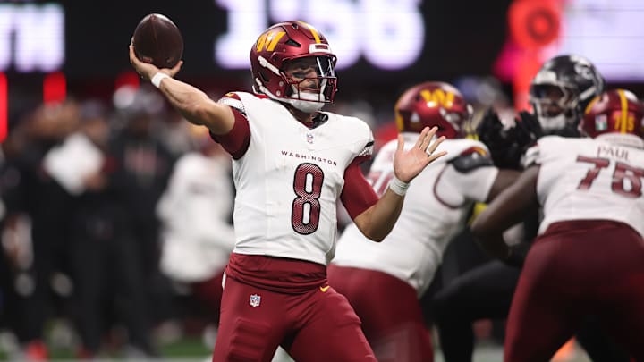 Washington Commanders quarterback Marcus Mariota throws during the second half against the Atlanta Falcons.