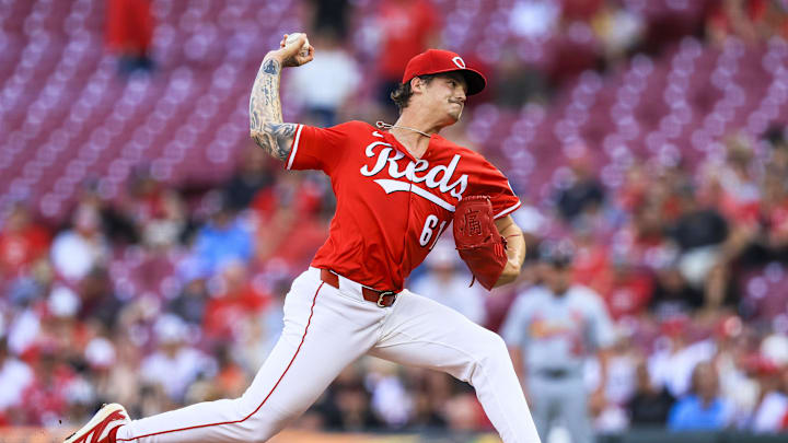 Apr 30, 2025; Cincinnati, Ohio, USA; Cincinnati Reds starting pitcher Chase Petty (61) pitches against the St. Louis Cardinals in the first inning at Great American Ball Park. Mandatory Credit: Katie Stratman-Imagn Images