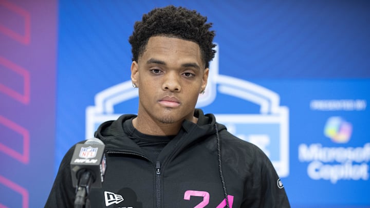 Feb 27, 2025; Indianapolis, IN, USA; Kansas St defensive back Jacob Parrish (DB24) during the 2025 NFL Combine at Lucas Oil Stadium. Mandatory Credit: Tanner Pearson-Imagn Images