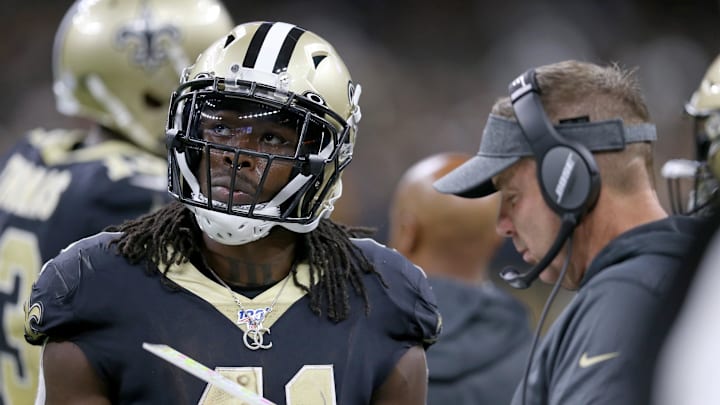 Oct 6, 2019; New Orleans, LA, USA; New Orleans Saints running back Alvin Kamara (41) and head coach Sean Payton confer during a timeout in the second half against the Tampa Bay Buccaneers at the Mercedes-Benz Superdome. Mandatory Credit: Chuck Cook-Imagn Images