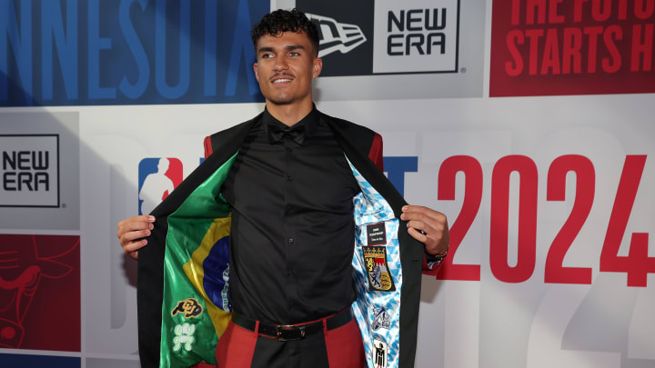 Tristan da Silva arrives for the first round of the 2024 NBA Draft at Barclays Center. 