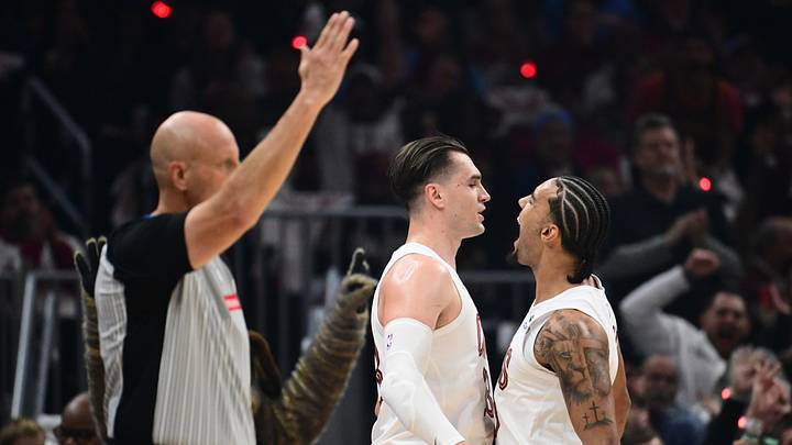 Oct 24, 2026; Cleveland, Ohio, USA; Cleveland Cavaliers guard Jaylon Tyson (20) celebrates with forward Mario Hezonja (33) during the first half against the Brooklyn Nets at Rocket Arena. Mandatory Credit: Ken Blaze-Imagn Images Oct 24, 2026; Cleveland, Ohio, USA; Cleveland Cavaliers guard Jaylon Tyson (20) celebrates with forward Mario Hezonja (33) during the first half against the Brooklyn Nets at Rocket Arena. Mandatory Credit: Ken Blaze-Imagn Images