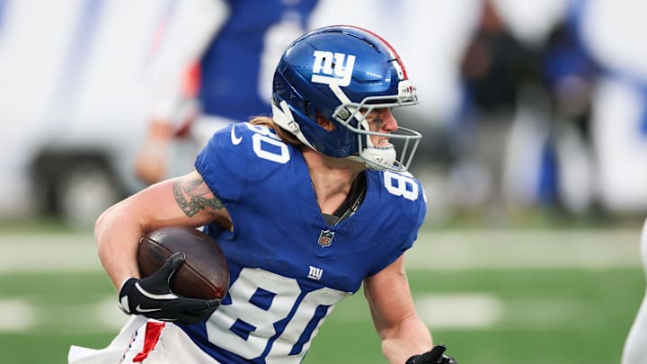 Jan 4, 2026; East Rutherford, New Jersey, USA; New York Giants wide receiver Gunner Olszewski (80) runs after making a catch during the fourth quarter against the Dallas Cowboys at MetLife Stadium.  