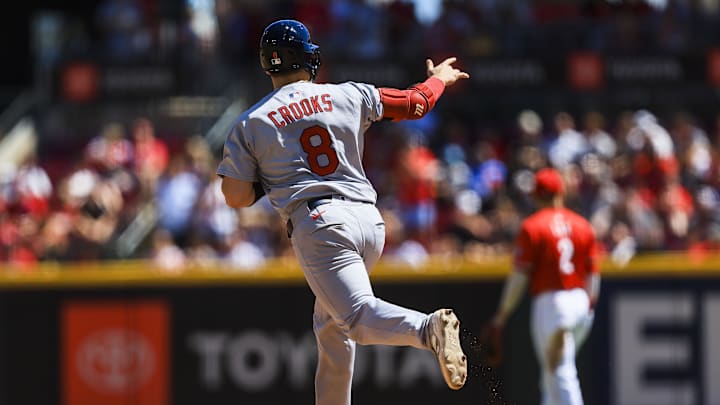 Aug 31, 2025; Cincinnati, Ohio, USA; St. Louis Cardinals catcher Jimmy Crooks (8) runs the bases after hitting a solo home run in the seventh inning against the Cincinnati Reds at Great American Ball Park. Mandatory Credit: Katie Stratman-Imagn Images Aug 31, 2025; Cincinnati, Ohio, USA; St. Louis Cardinals catcher Jimmy Crooks (8) runs the bases after hitting a solo home run in the seventh inning against the Cincinnati Reds at Great American Ball Park. Mandatory Credit: Katie Stratman-Imagn Images