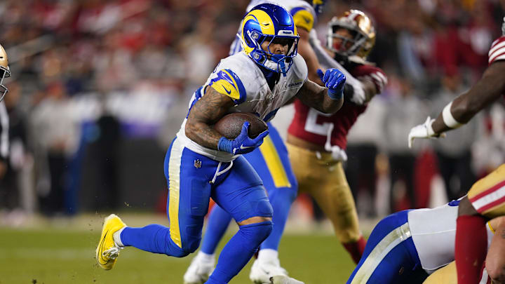 Dec 12, 2024; Santa Clara, California, USA; Los Angeles Rams running back Kyren Williams (23) runs the ball against the San Francisco 49ers in the fourth quarter at Levi's Stadium. Mandatory Credit: Cary Edmondson-Imagn Images