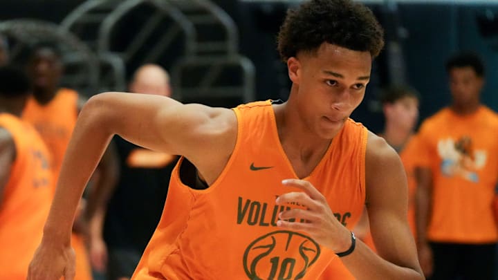 Tennessee forward Nate Ament (10) sprints downcourt during drills at basketball practice on September 23, 2025, in Knoxville, Tennessee.